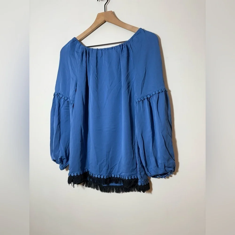 TORY BURCH Blue Silk Fringe Long Sleeves SYLVIE Blouse Size 4 $325